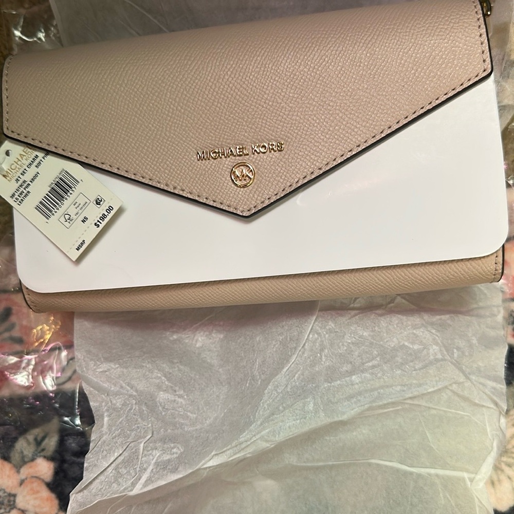 Michael Kors Tan and White Clutch with Sophisticated Design